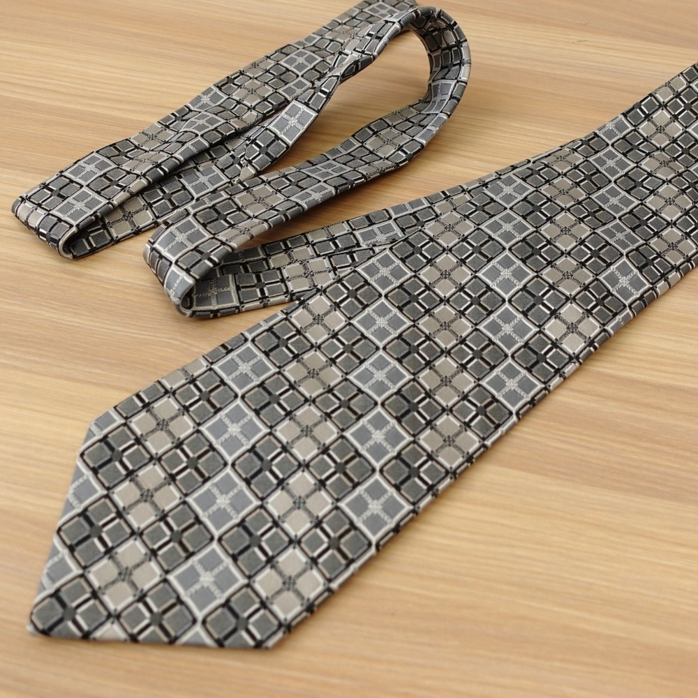 Gray Silk Tie Mens FARENTINO FERRE Micro Lattice Plaid Check Italian Designer
